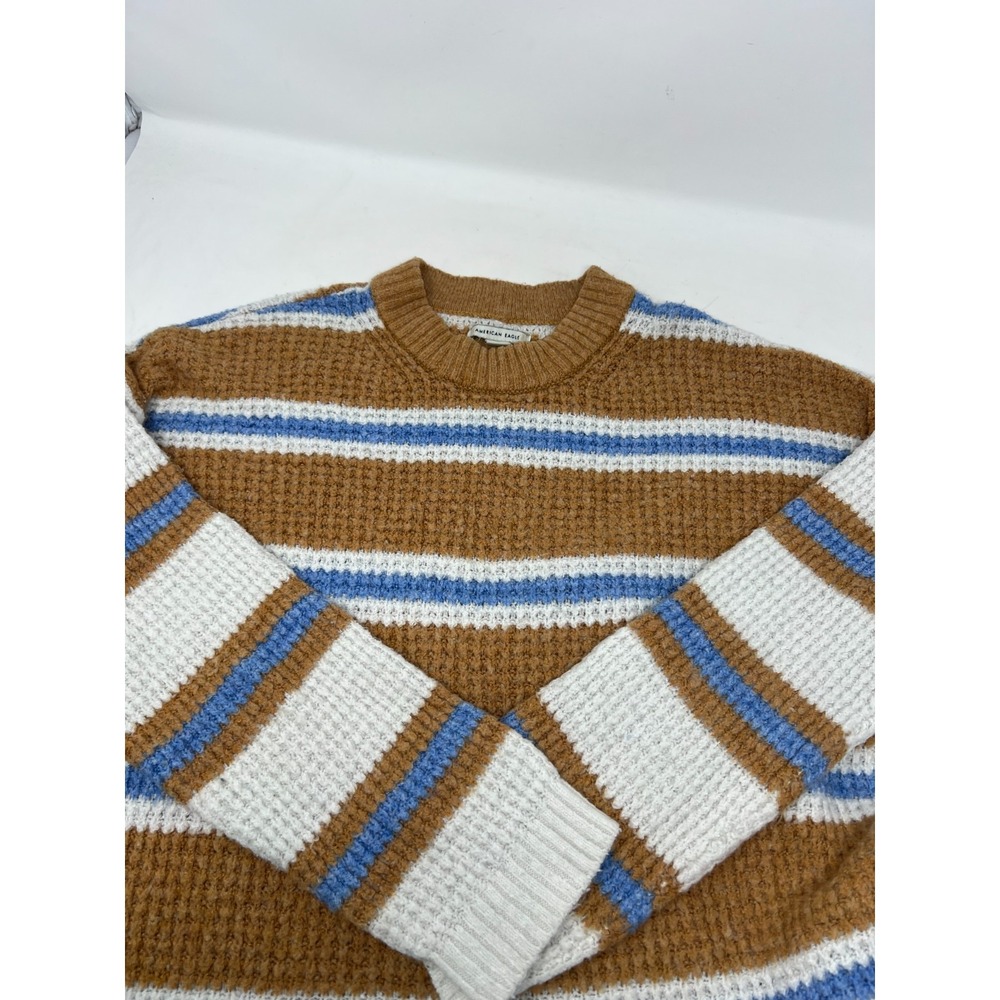 American Eagle Sweater Striped Tan Blue White Waffle Knit Crew Neck Pullover XS